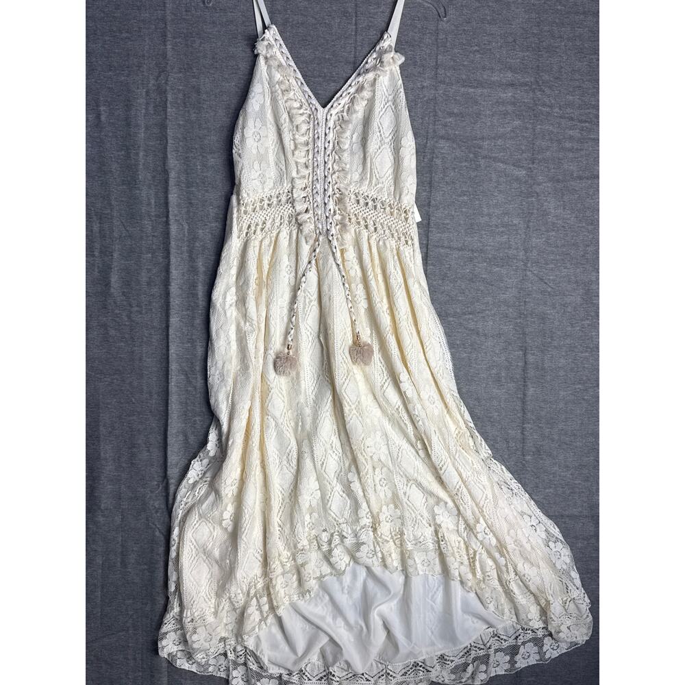 NEW Ninexis Ivory Lace Dress PomPom Tie V Neck Sleeveless Summer Size XL